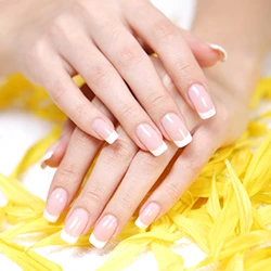 French manicure on yellow flower petals